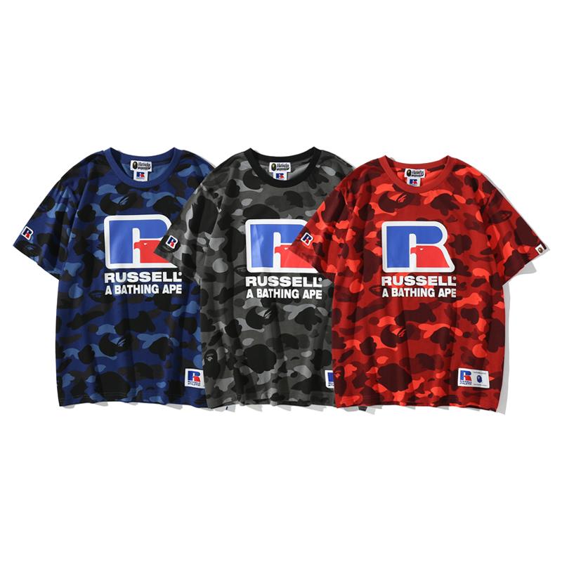Bape x RUSSELL ATHLETIC T Shirt 1717 3 colors Black Blue Red